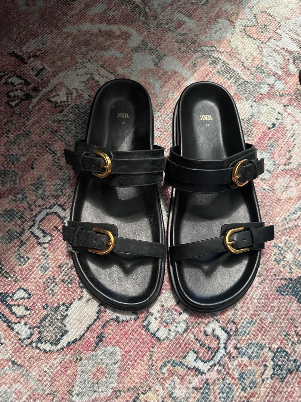 ZARA Black Slide Sandals with Gold Buckles